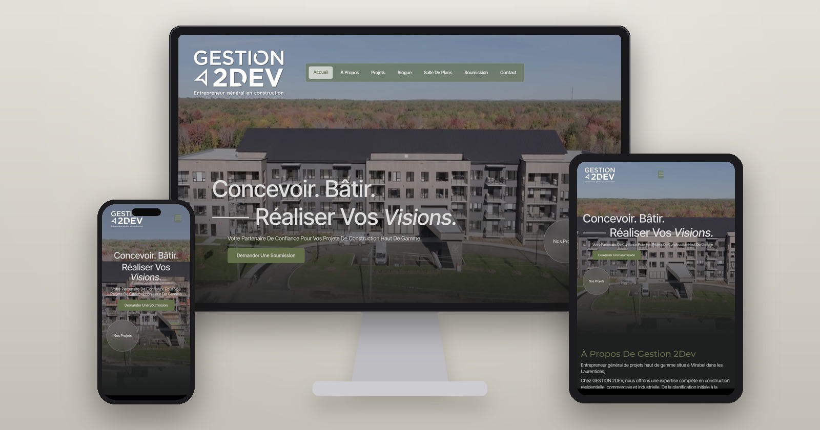 Site Gestion 2Dev présenté sur ordinateur, tablette et téléphone