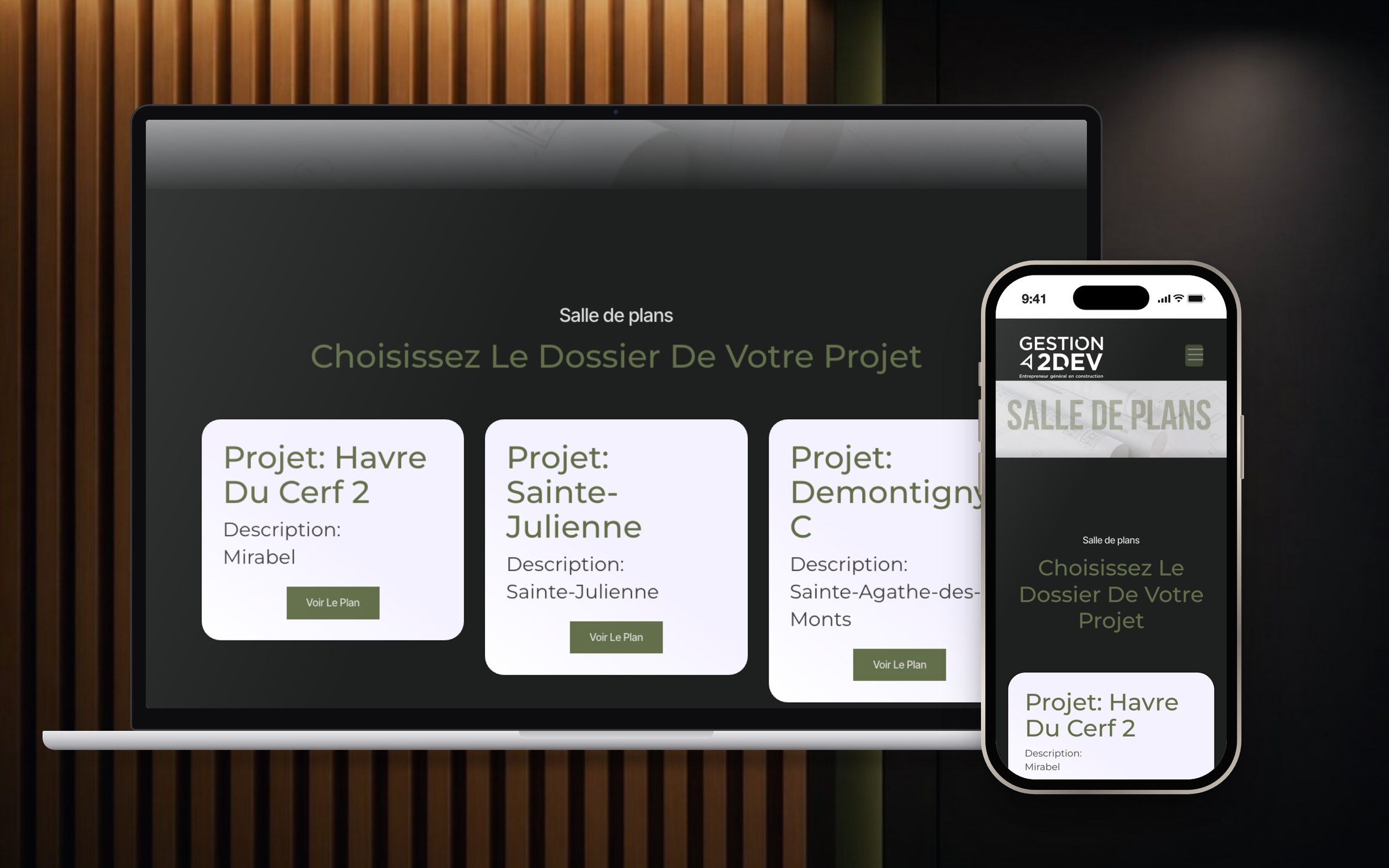Salle de plans du site Gestion 2DEV sur ordinateur et téléphone : dossiers des projets Havre du Cerf 2, Sainte-Julienne et Demontigny C, avec boutons Voir le plan