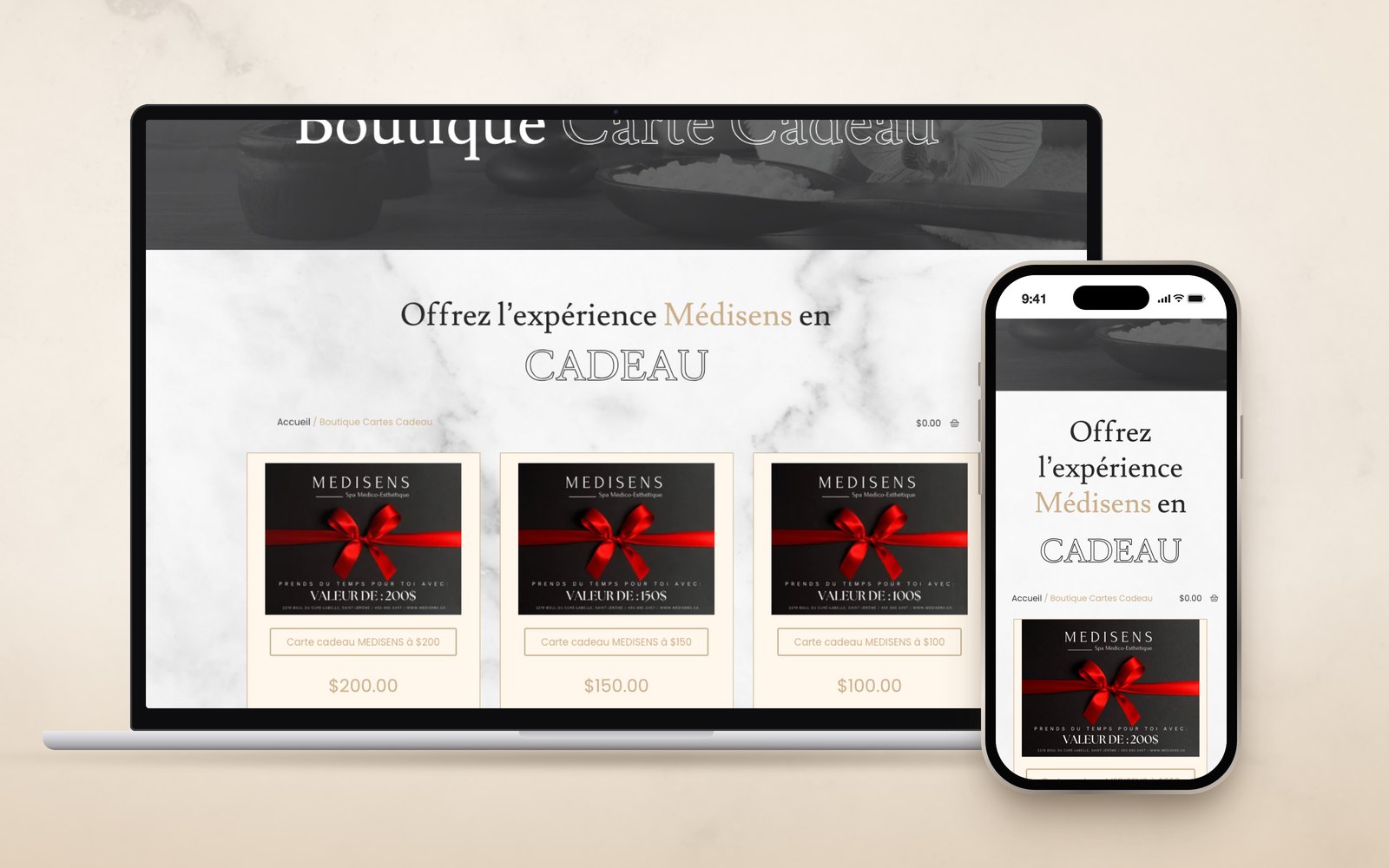 Boutique de cartes-cadeaux MediSens sur ordinateur et téléphone, avec les cartes de 200 $, 150 $ et 100 $