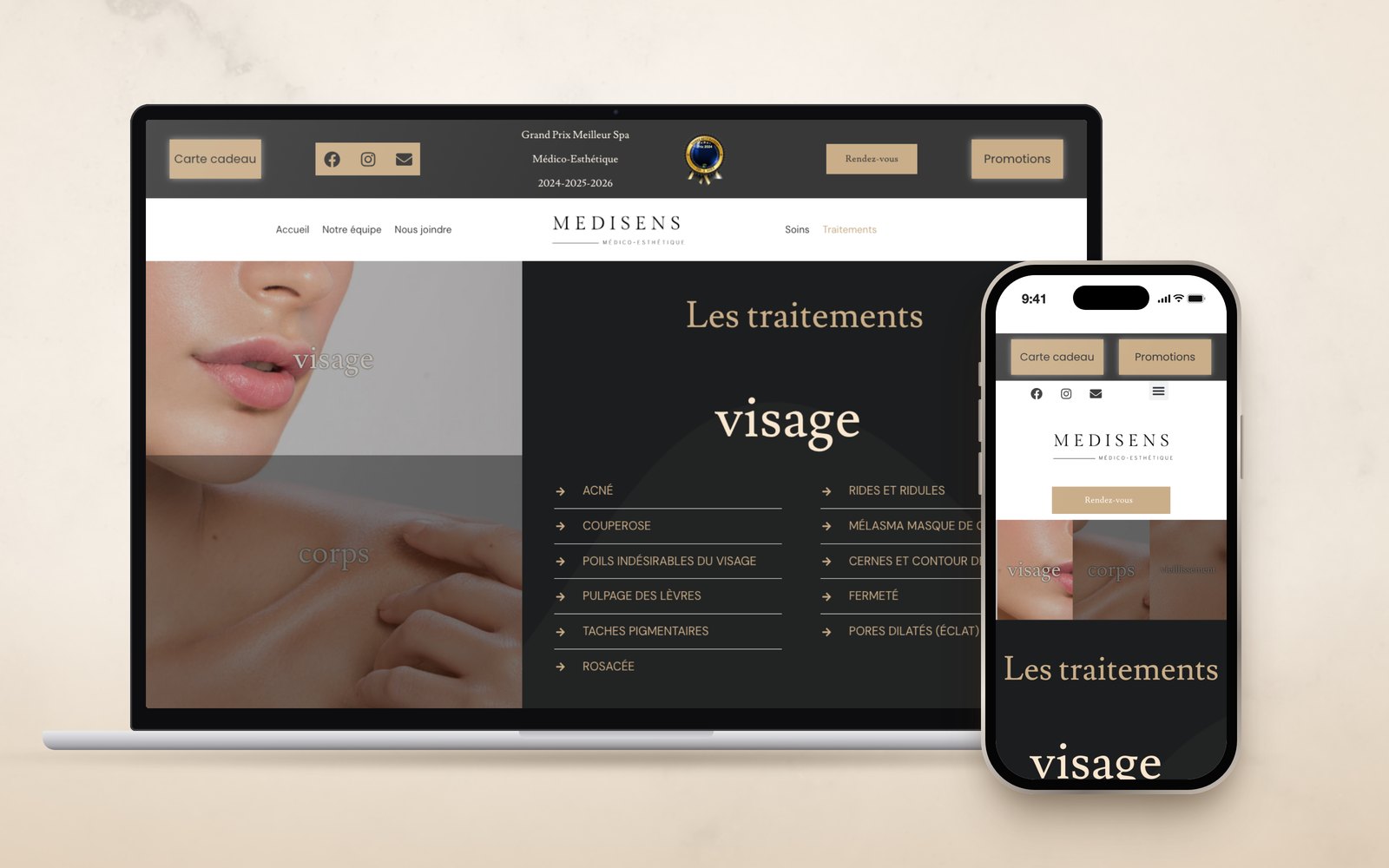 Page Les traitements du site MediSens sur ordinateur et téléphone, avec la liste des problématiques du visage