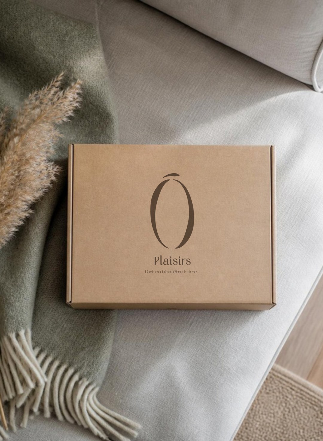 Boîte en carton kraft au logo Ô Plaisirs posée sur un canapé gris clair, près d'un jeté de laine vert-gris et d'une tige de pampa