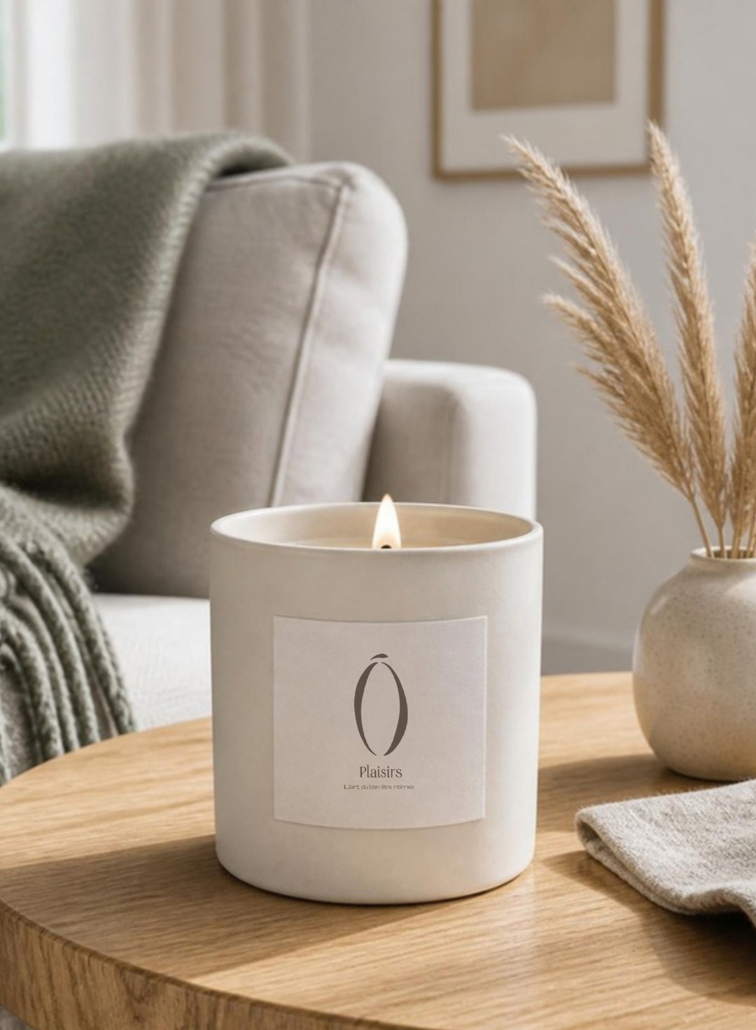 Chandelle allumée dans un pot crème, étiquette au logo Ô Plaisirs, sur une table de bois clair près d'un vase de pampa