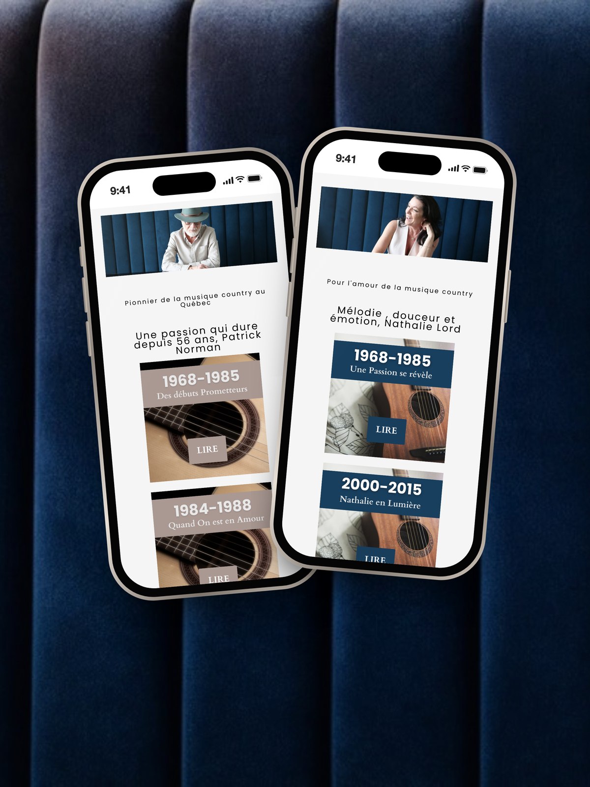 Deux téléphones affichant les biographies de Patrick Norman et de Nathalie Lord, avec leurs dates marquantes, sur un fond de velours bleu